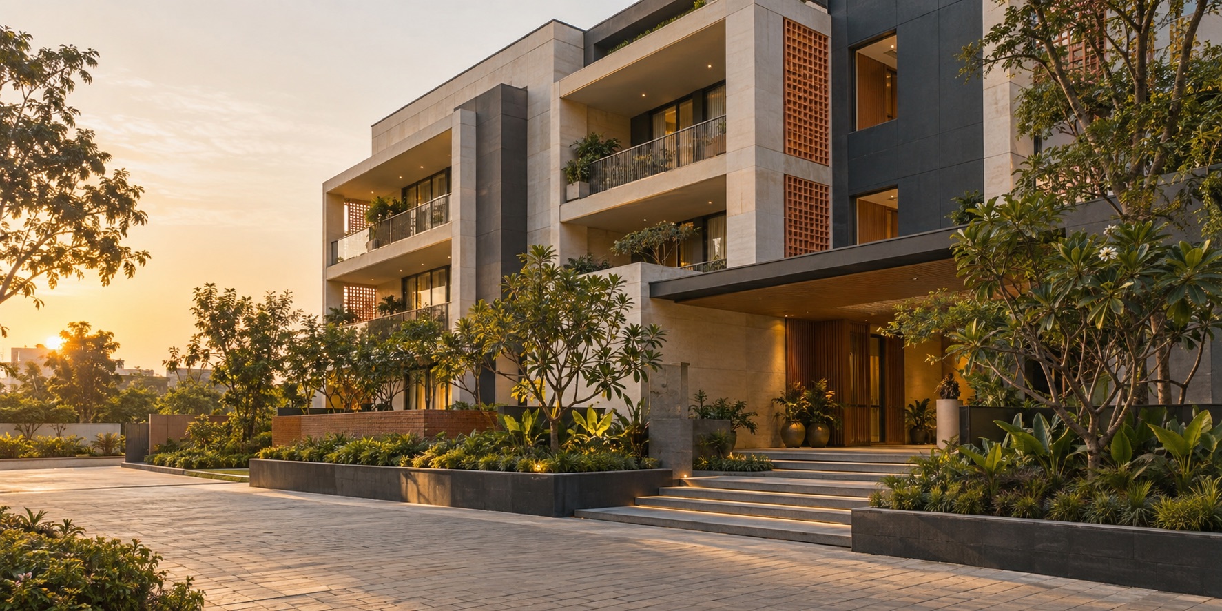 Illustrative contemporary residential architecture with landscaped entrance at sunset