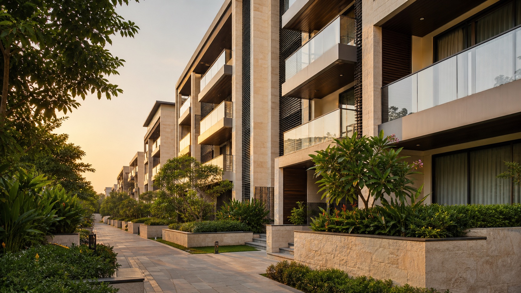 Illustrative contemporary apartment buildings with landscaped path
