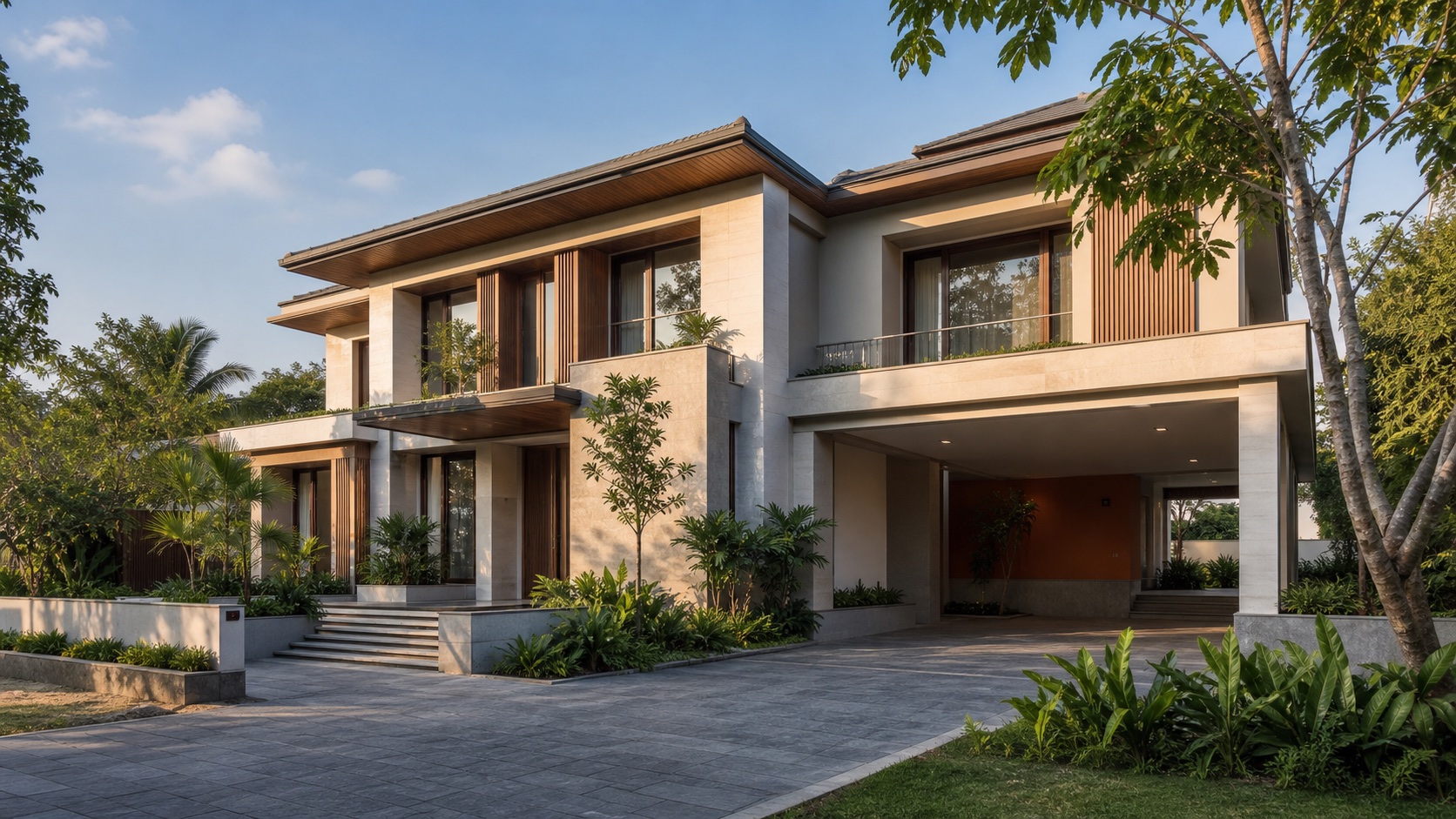 Illustrative modern residential villa with planted entrance