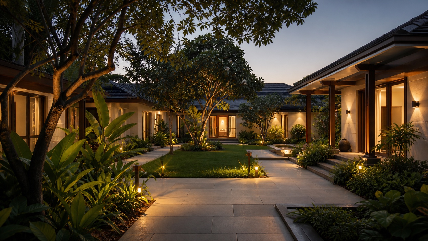 Illustrative landscaped residential courtyard at early evening